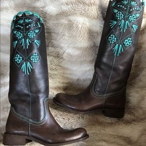 Bcbg Turquoise Embroidered Dark Brown Boots.